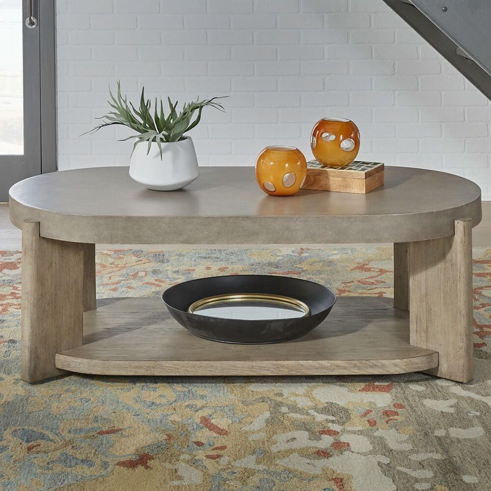 Belle Furnishings Affinity Oval Cocktail Table with Casters in Dusty Taupe and Concrete, , large