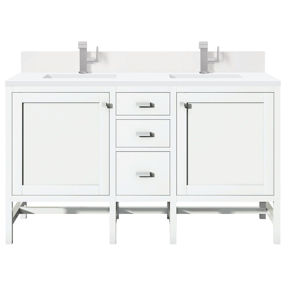 James Martin Vanities Addison 60" Double Bathroom Vanity in Glossy White with 3 cm White Zeus Quartz Top and Rectangular Sinks, , large