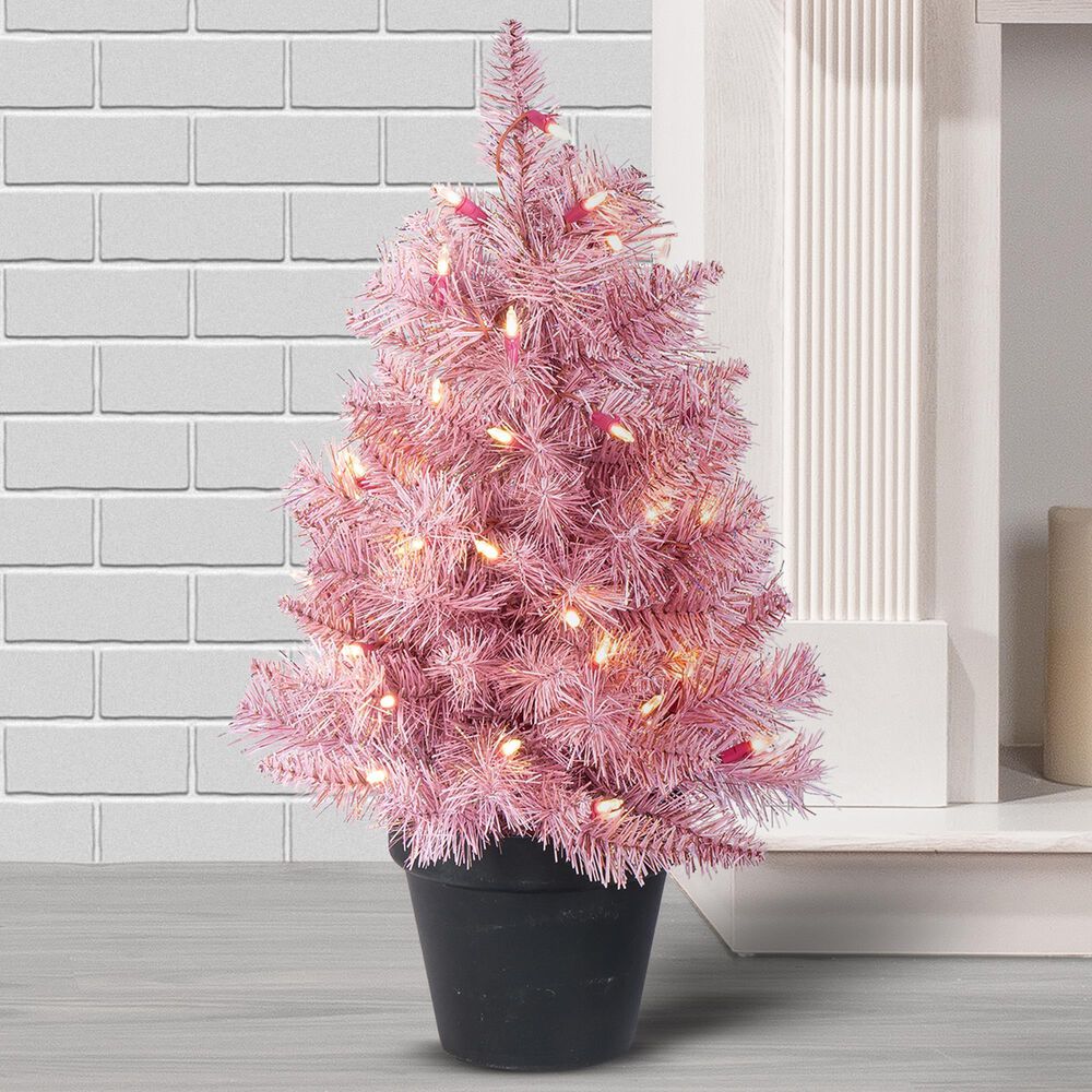 The Gerson Company 2&#39; Potted Artificial Christmas Tree with Warm White LED Lights in Pink, , large