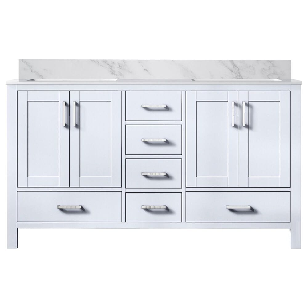 Lexora Home Jacques 60&quot; Double Bathroom Vanity in White with 2 cm White Carrara Marble Top and Rectangular Sinks, , large