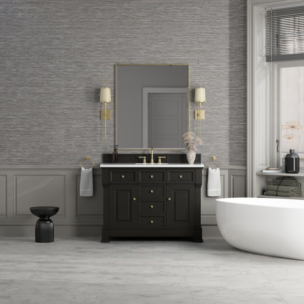 James Martin Vanities Brookfield 48" Single Bathroom Vanity in Black Onyx with 3 cm White Zeus Quartz Top and Rectangular Sink, , large