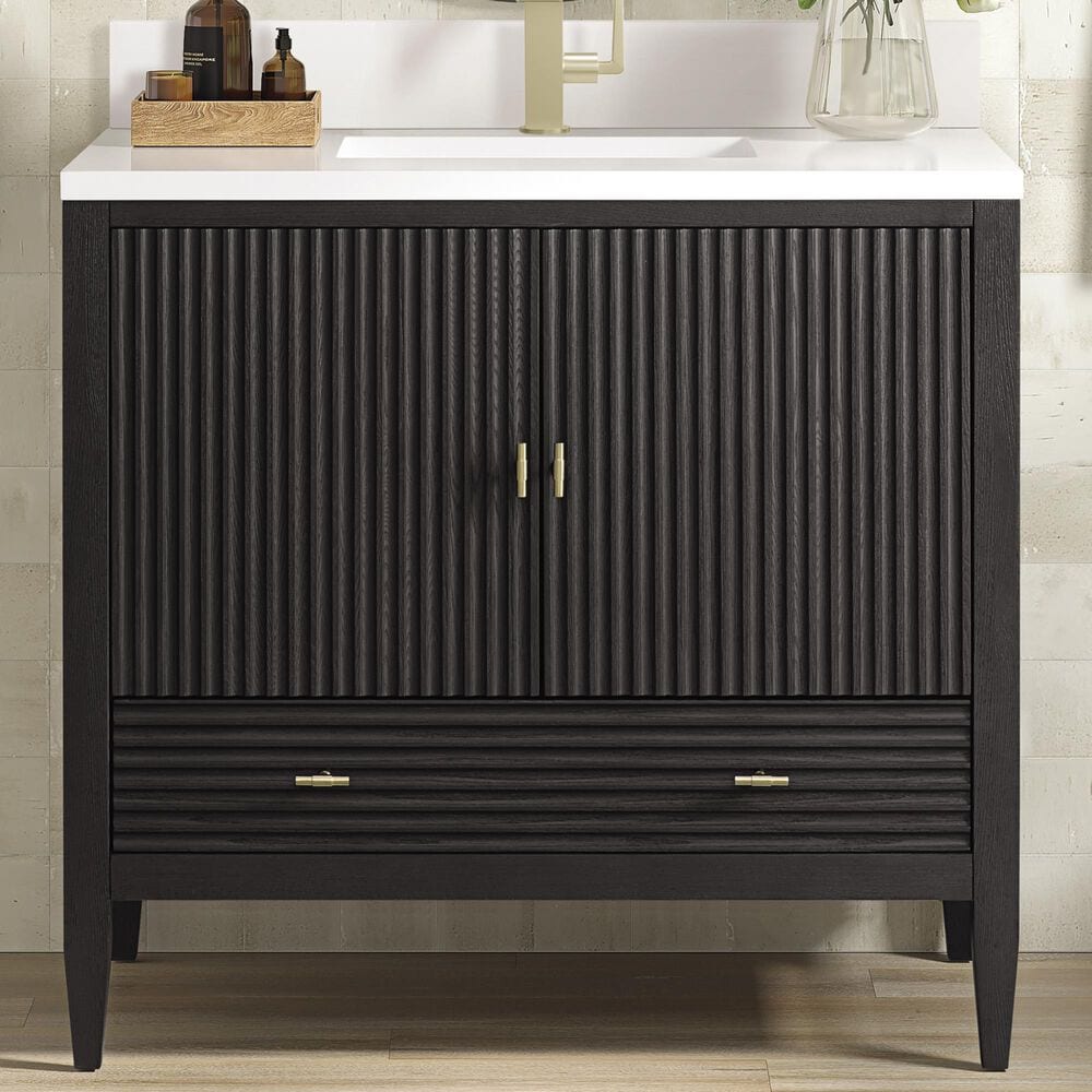 James Martin Vanities Myrrin 36&quot; Vanity in Carbon Oak with Single Hole and 3 cm White Zeus Quartz Top &amp; Backsplash, , large