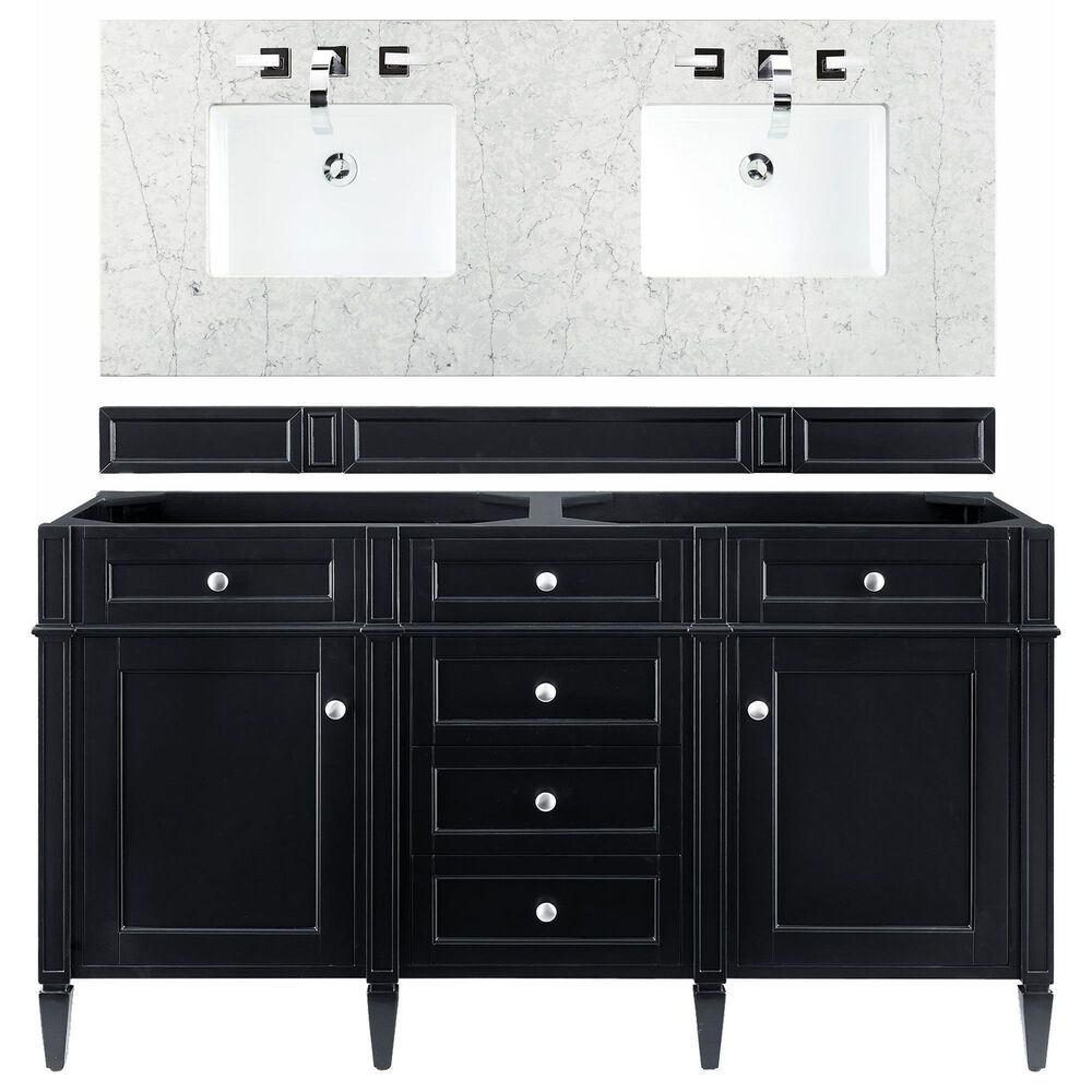 James Martin Vanities Brittany 60" Double Bathroom Vanity in Black Onyx with 3 cm Eternal Jasmine Pearl Quartz Top, , large