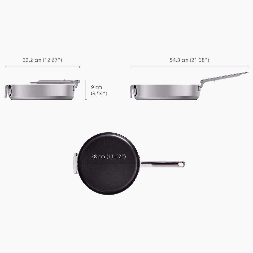 Joseph Joseph Space Steel 11&quot; Non-Stick Frying Pan with Folding Handle and Lid in Stainless Steel, , large
