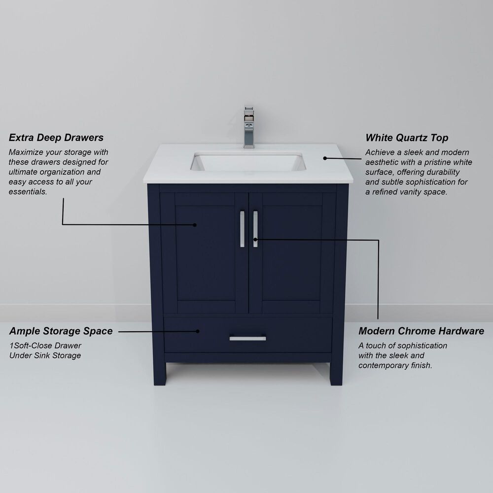 Lexora Home Jacques 30" Single Bathroom Vanity in Navy Blue with 2 cm White Quartz Top and Rectangular Sink, , large