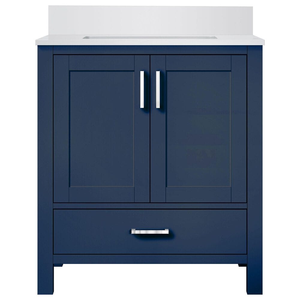Lexora Home Jacques 30&quot; Single Bathroom Vanity in Navy Blue with 2 cm White Quartz Top and Rectangular Sink, , large