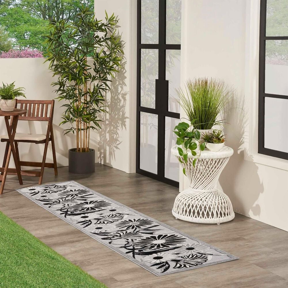 Nourison Aloha 2&#39;3&quot; x 12&#39; Black and White Indoor/Outdoor Runner, , large