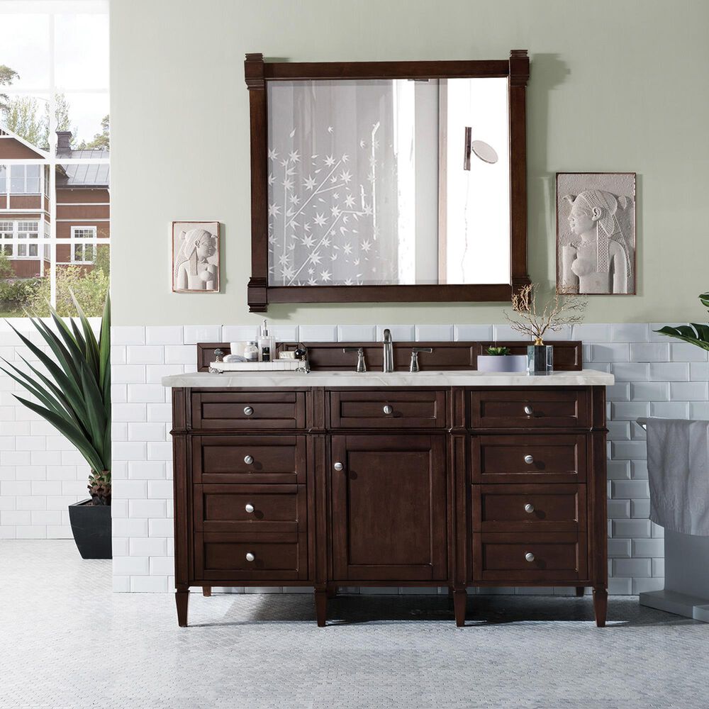 James Martin Vanities Brittany 60" Single Bathroom Vanity in Burnished Mahogany with 3 cm Eternal Jasmine Pearl Silestone Top, Rectangular Sink and FreePower Wireless Charger, , large