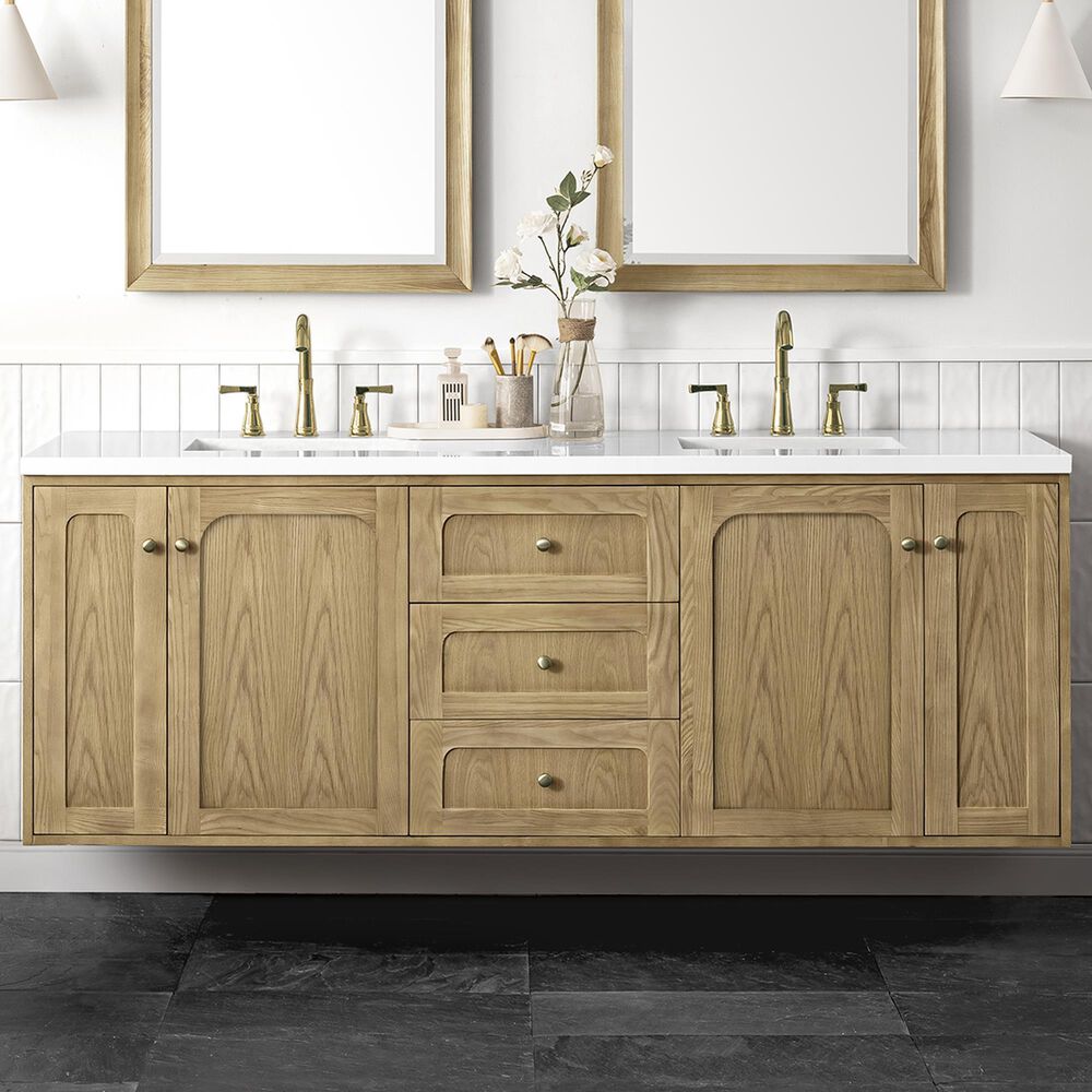 James Martin Vanities Laurent 72&quot; Double Bathroom Vanity in Light Natural Oak with 3 cm White Zeus Quartz Top and Rectangular Sinks, , large