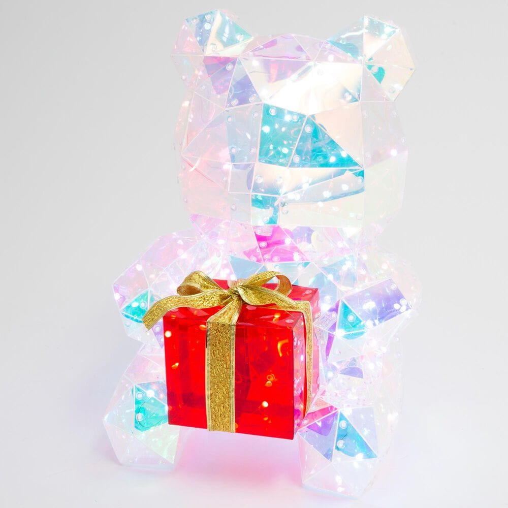 The Gerson Company USB Electric RGB Lighted Holographic Holiday Bear Holding Gift Box in White, , large
