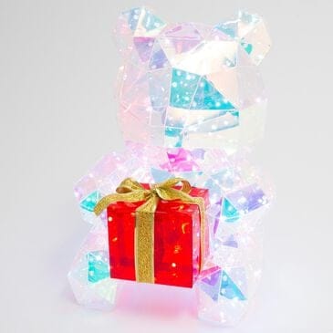 The Gerson Company USB Electric RGB Lighted Holographic Holiday Bear Holding Gift Box in White, , large