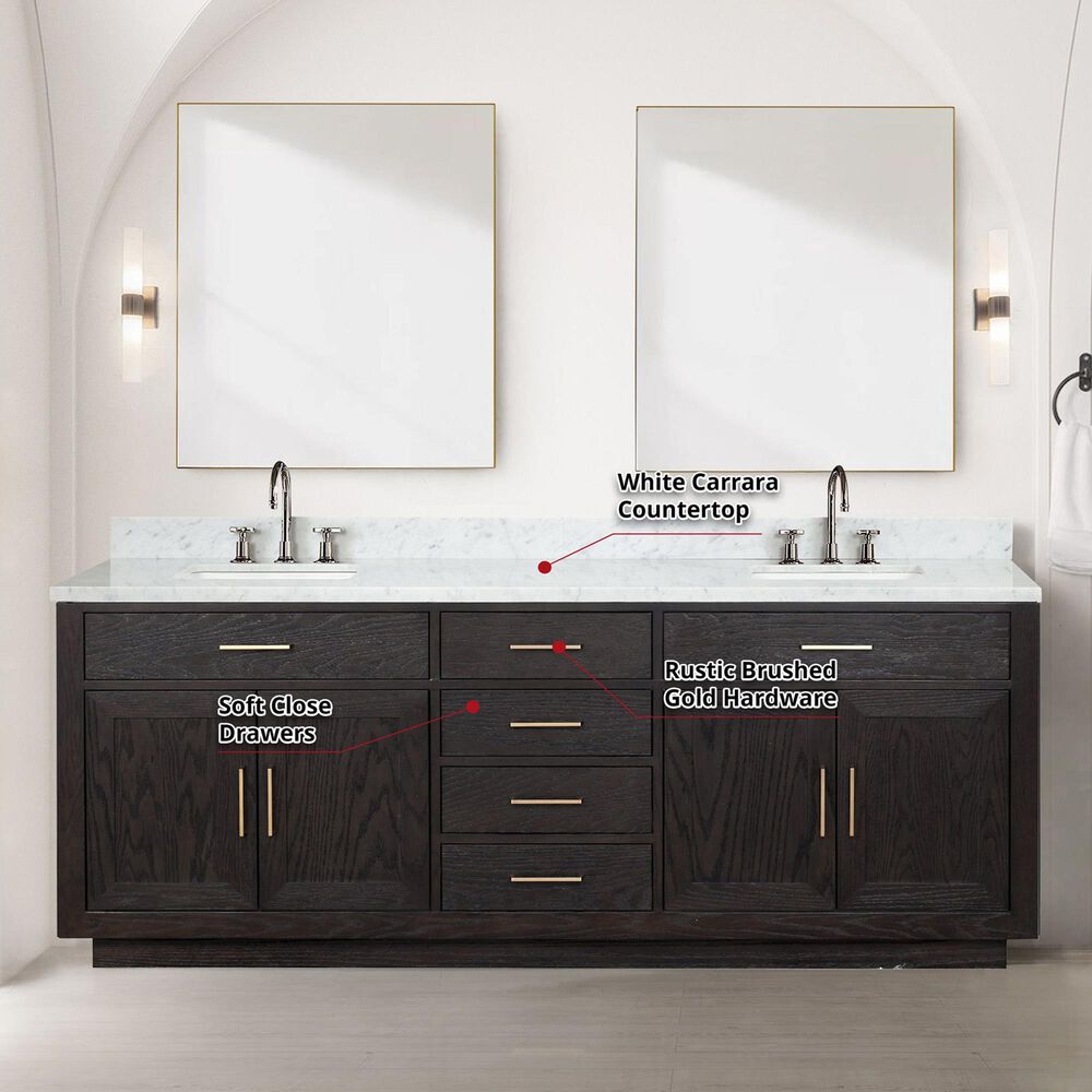 Lexora Home Abbey 84&quot; Double Bathroom Vanity in Black Oak with 2 cm White Carrara Marble Top and Rectangular Sinks, , large