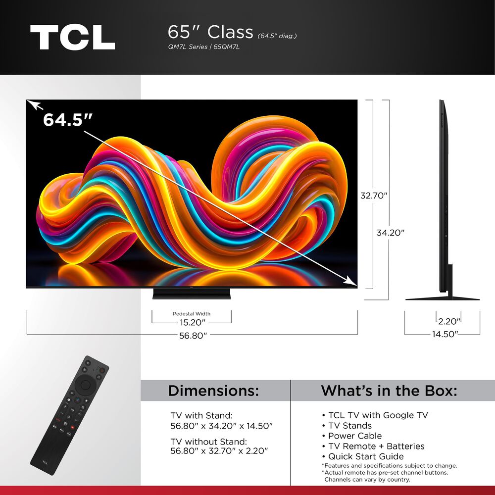 TCL 65" QM7L Series 4K UHD HDR SQD-Mini LED Smart TV with Google TV, , large