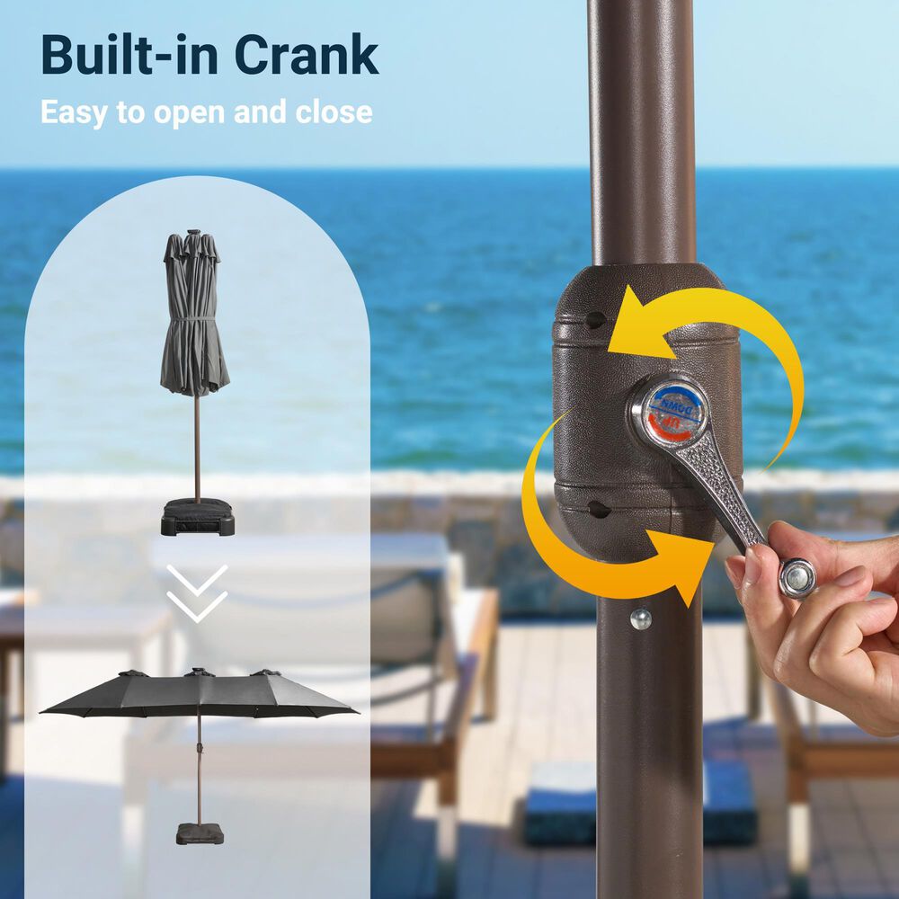 HOMLUX 15' Outdoor Market Umbrella with Sandbags Base and LED Lights in Dark Gray, , large