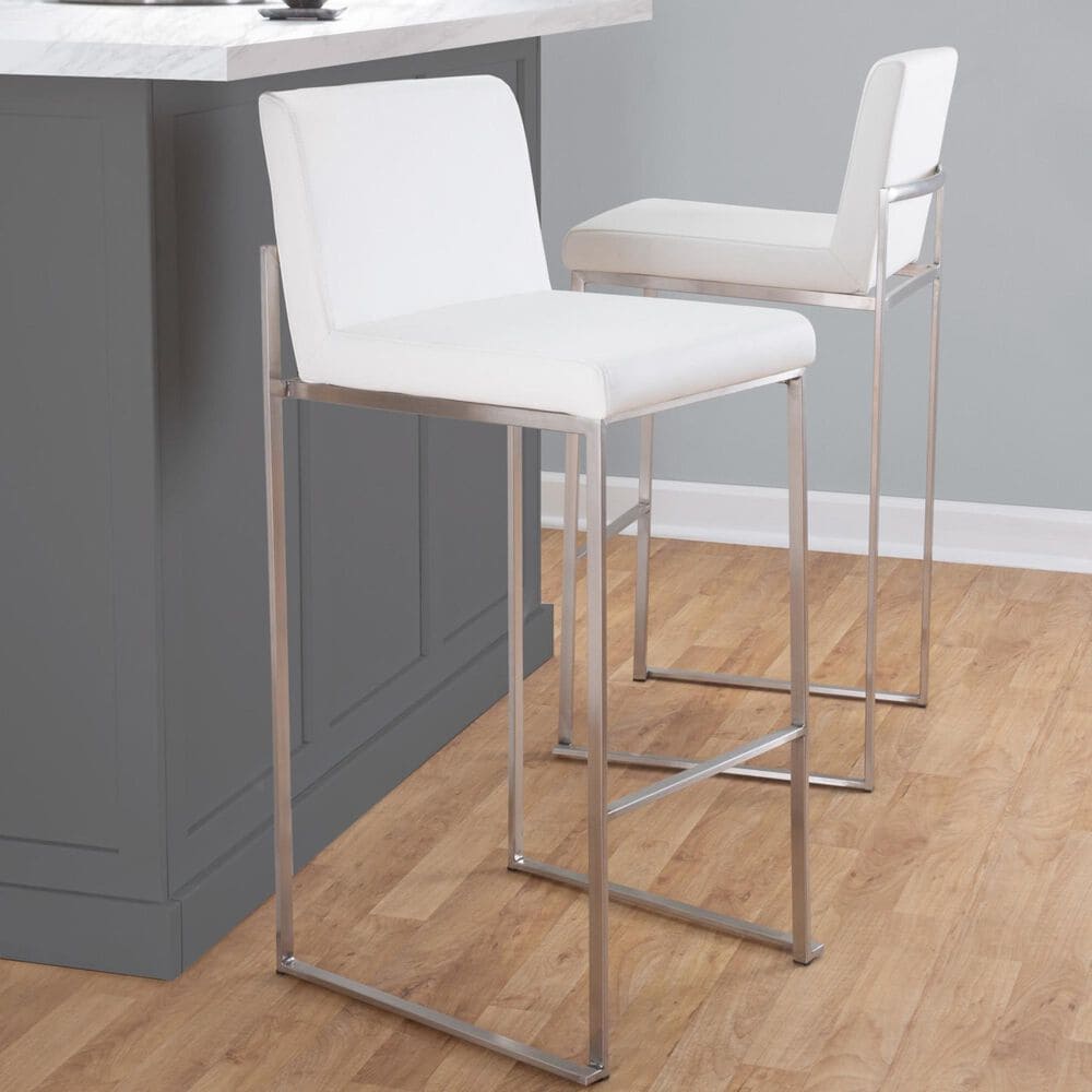 Lumisource Fuji High Back Barstool with White Faux Leather in Stainless Steel &#40;Set of 2&#41;, , large