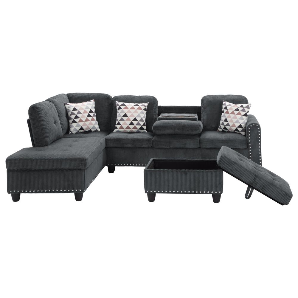HOMLUX 94.49" L-Shaped Modular Sectional Sofa with Storage Ottoman and Cup Holders in Dark Gray, , large