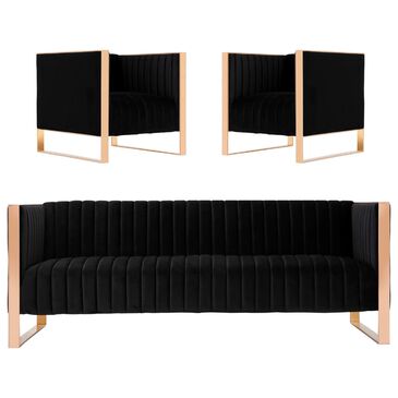 Dayton Trillium 3-Piece Sofa and Armchair Set in Black Velvet, , large