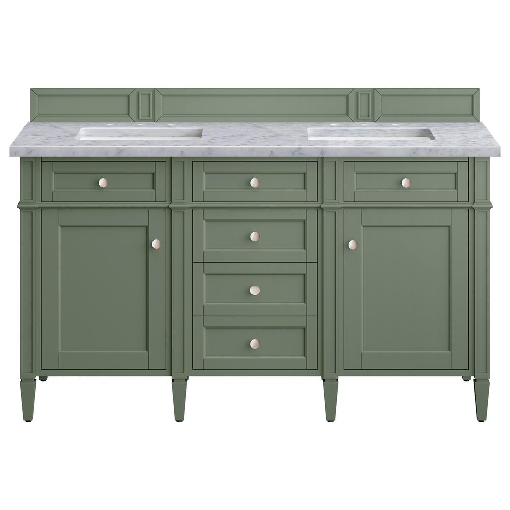 James Martin Vanities Brittany 60" Double Bathroom Vanity in Smokey Celadon with 3 cm Carrara White Marble Top and Rectangular Sinks, , large