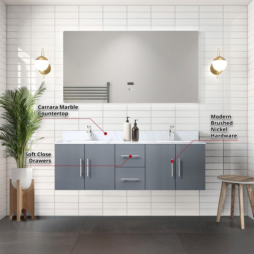 Lexora Home Geneva 60&quot; Double Bathroom Vanity in Dark Grey with 2 cm White Carrara Marble Top and Rectangular Sinks, , large