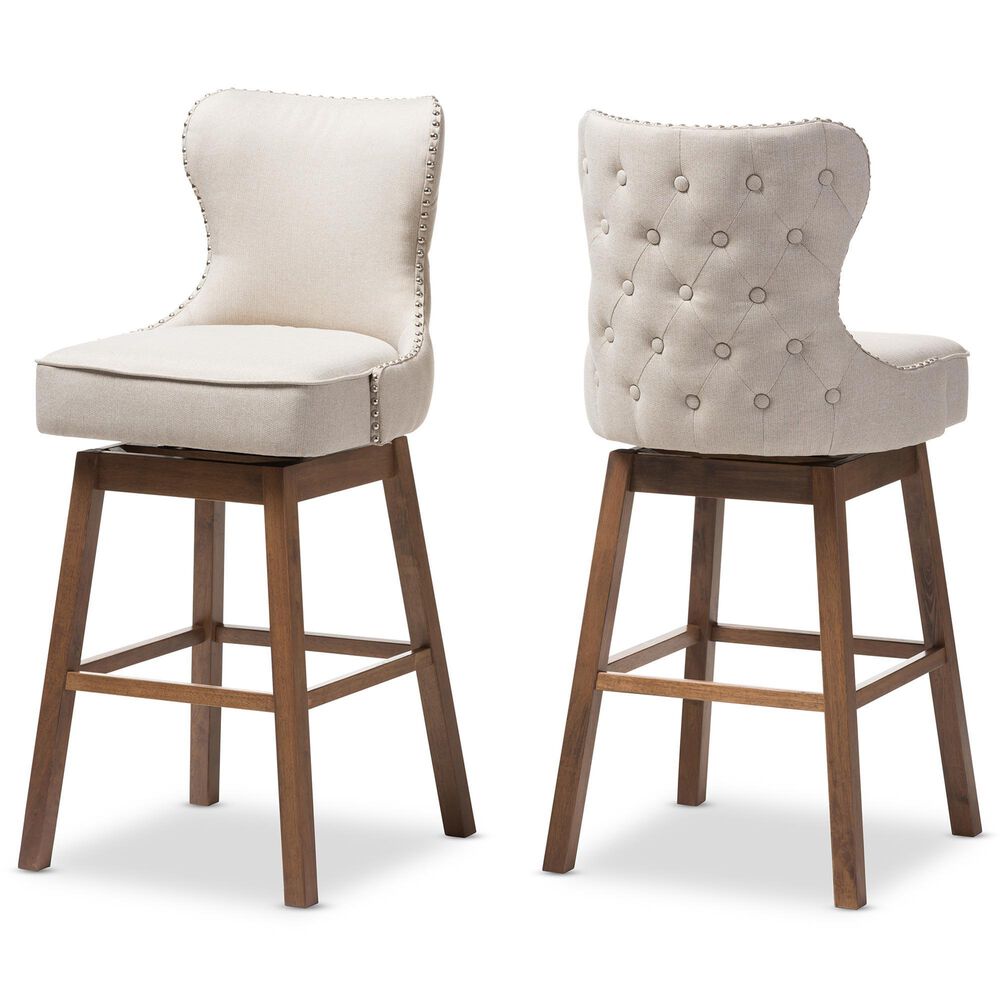 Baxton Studio Gradisca Swivel Bar Stool with Light Beige Cushion in Dark Walnut (Set of 2), , large