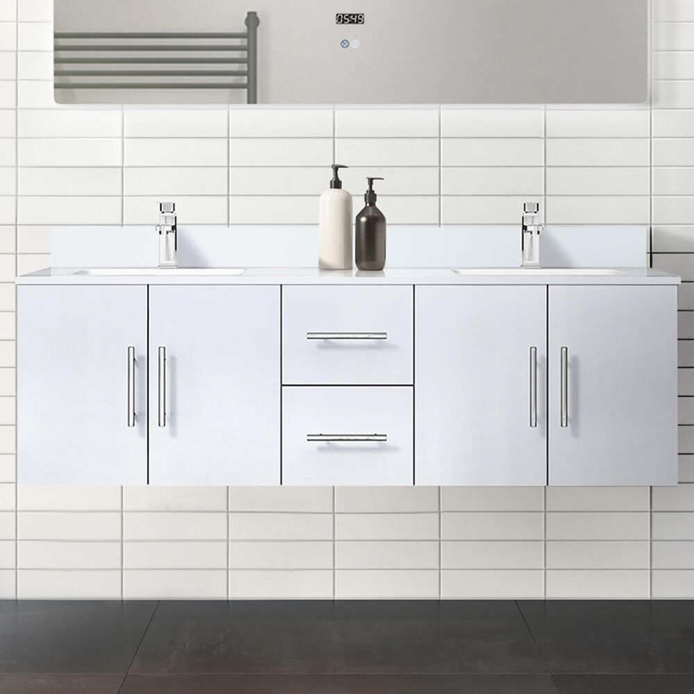 Lexora Home Geneva 60&quot; Double Bathroom Vanity in Glossy White with 2 cm White Cultured Marble Top and Rectangular Sinks, , large
