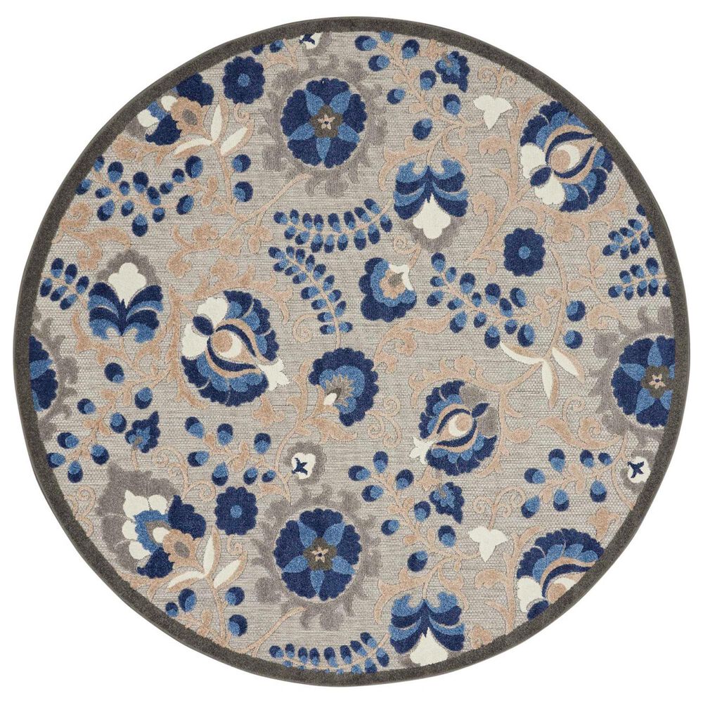 Nourison Aloha 5"3" Round Natural and Blue Indoor/Outdoor Area Rug, , large