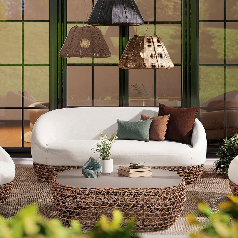 Hearth and Haven Willow Outdoor Upholstered Sofa with Golden Brown Open-Weave Wicker in Wheat Beige, , large