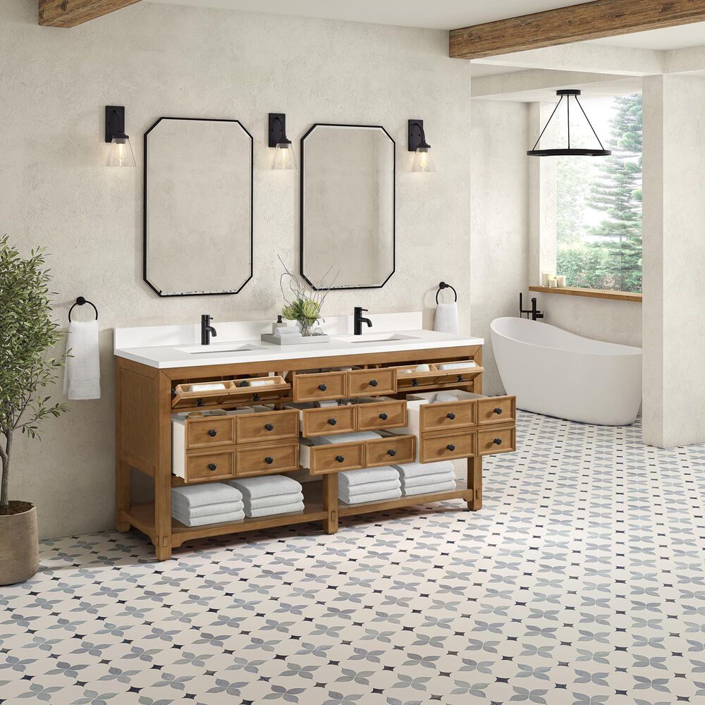 James Martin Malibu 72&quot; Double Bathroom Vanity in Amber Birch with Single Hole 3 cm White Zeus Quartz Top and Rectangular Sinks, , large