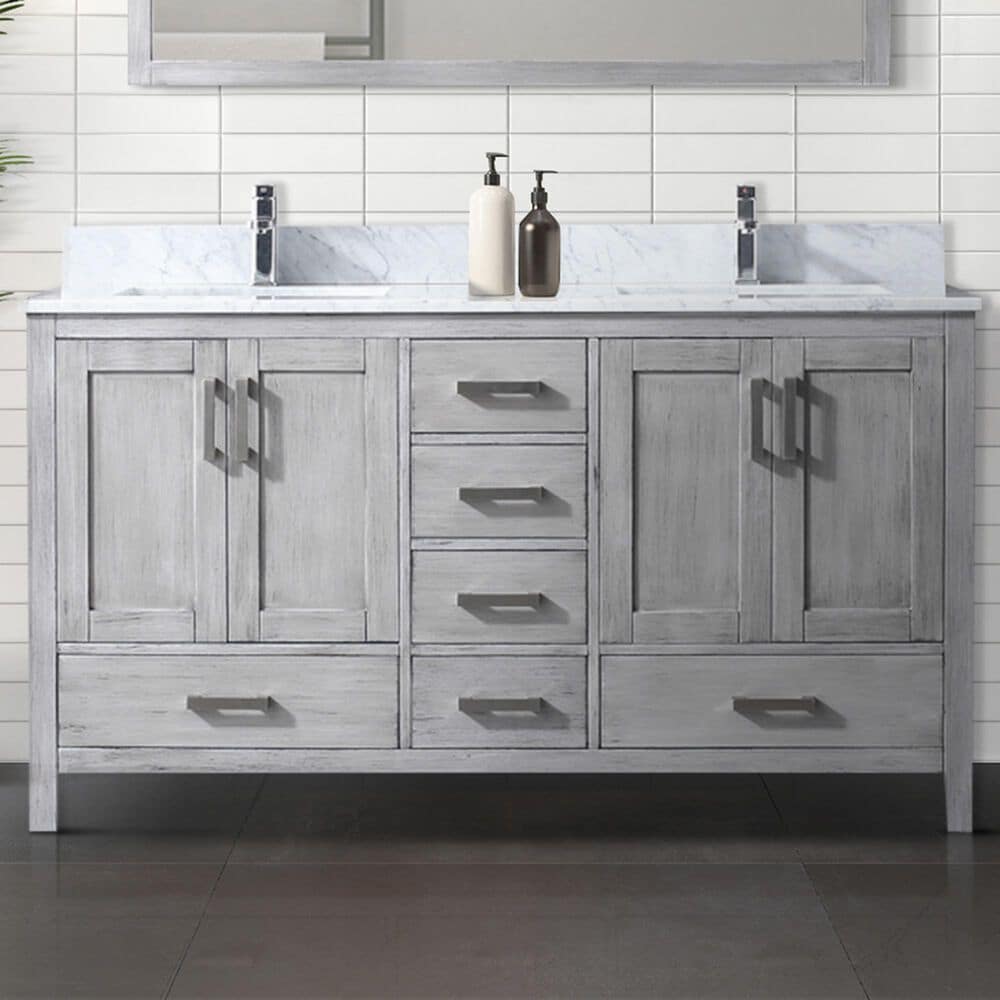 Lexora Home Jacques 60&quot; Double Bathroom Vanity in Distressed Grey with 2 cm White Carrara Marble Top and Rectangular Sinks, , large