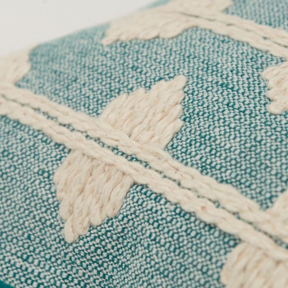 Rizzy Home 14&quot; x 20&quot; Diamond and Striped Down Filled Lumbar Pillow in Ivory and Teal, , large