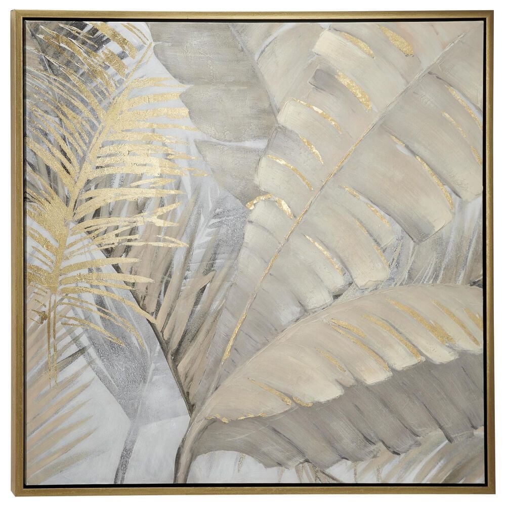 Maple and Jade 40" x 40" Square Palm Tree Metallic Layered Leaf Framed Wall Art in Brown, Black, Beige, Gray and Gold, , large