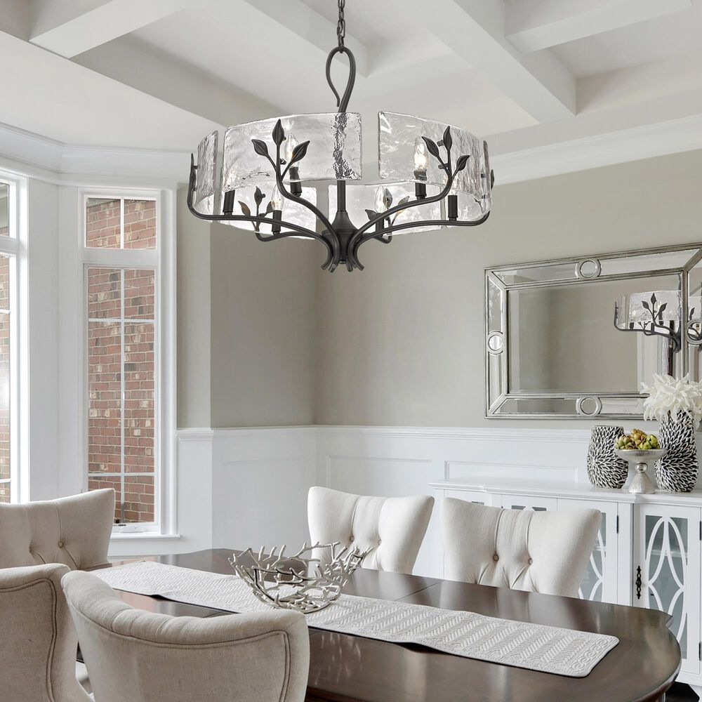 Golden Lighting Calla 6-Light Wide Chandelier with Hammered Water Glass Shade in Natural Black, , large