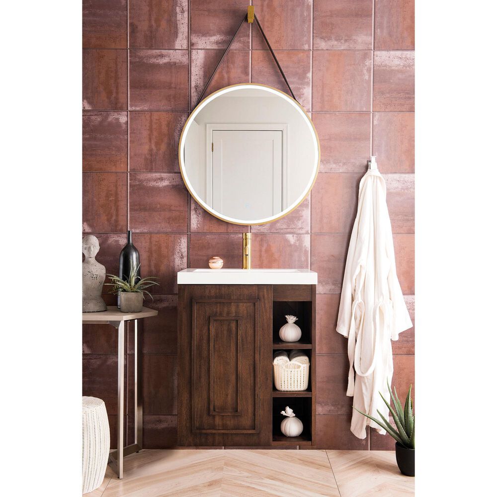 James Martin Vanities Alicante 24&quot; Single Bathroom Vanity in Mid Century Acacia with 5 cm White Glossy Resin Top and Rectangular Sink, , large