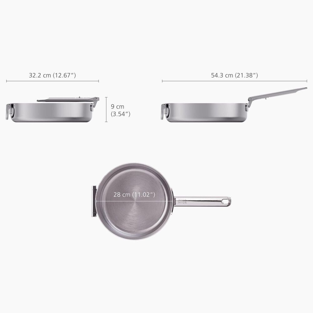Joseph Joseph Space Steel Saute Pan with Folding Handle and Lid in Stainless Steel, , large
