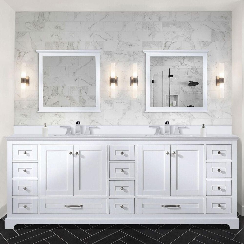 Lexora Home Dukes 84&quot; Double Bathroom Vanity in White with 2 cm White Quartz Top and Rectangular Sinks, , large