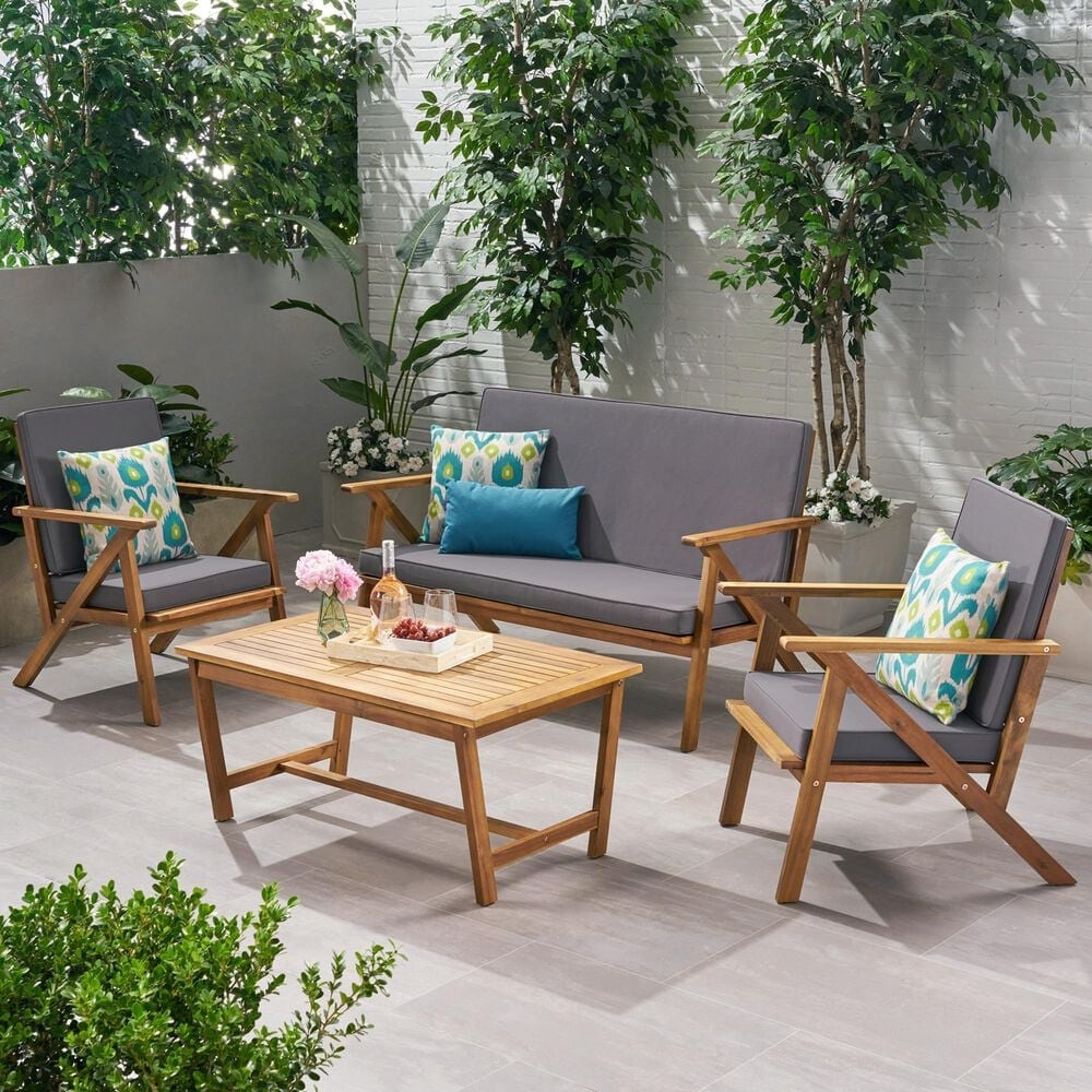 Hearth and Haven Panama 4-Piece Patio Conversation Set with Gray Cushion in Teak, , large