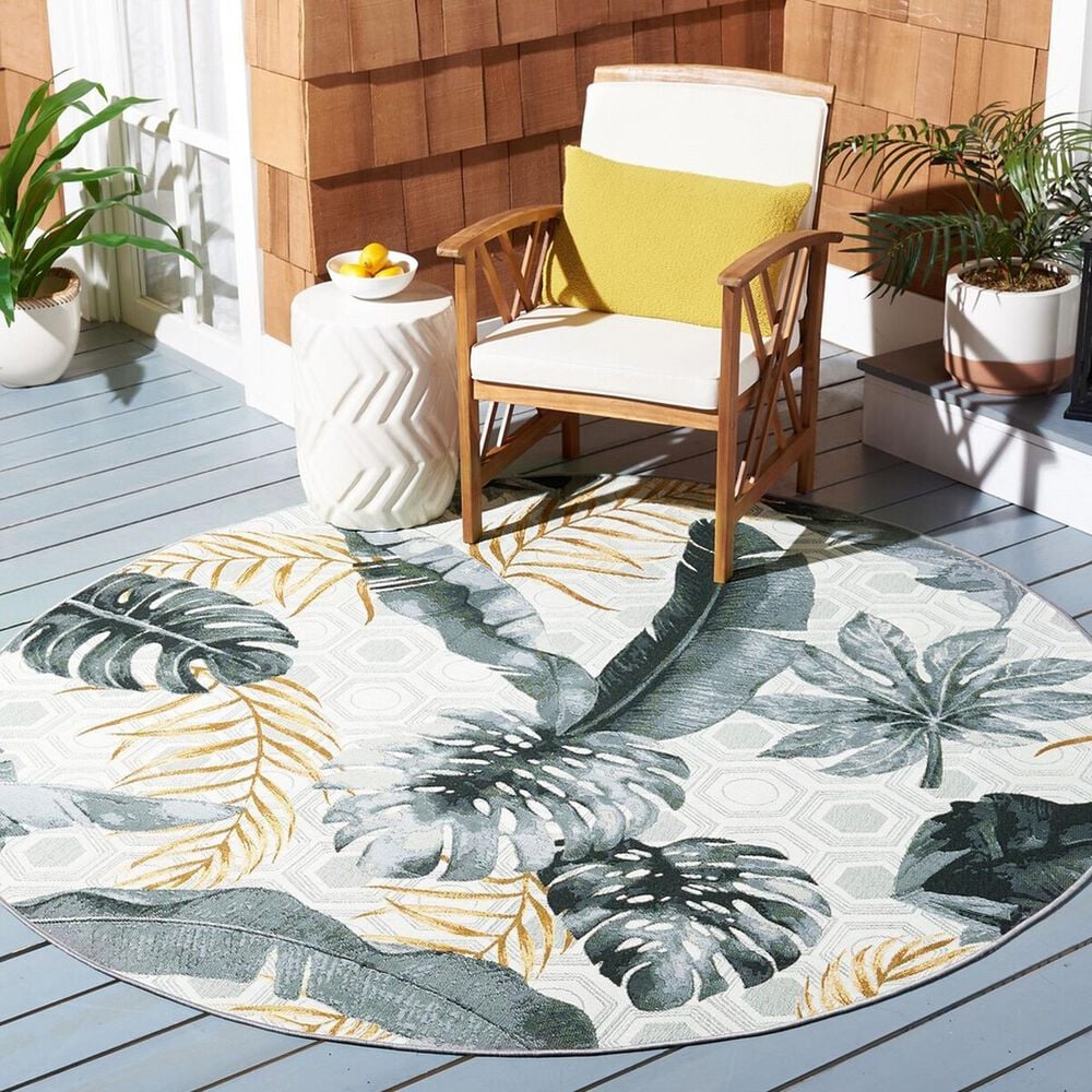 Safavieh Barbados Tropical Botanical 8&#39; Round Grey and Gold Indoor/Outdoor Area Rug, , large