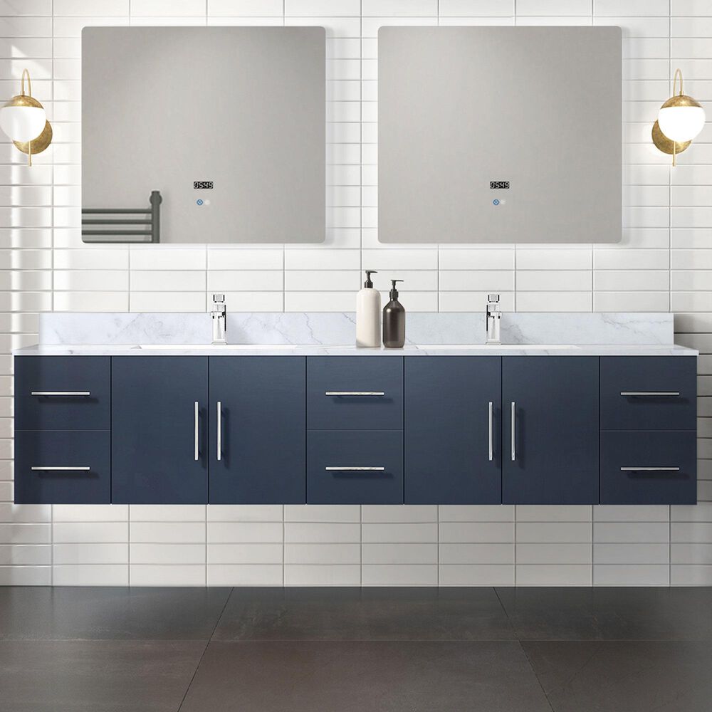 Lexora Home Geneva 84&quot; Double Bathroom Vanity in Navy Blue with 2 cm White Carrara Marble Top and Rectangular Sinks, , large
