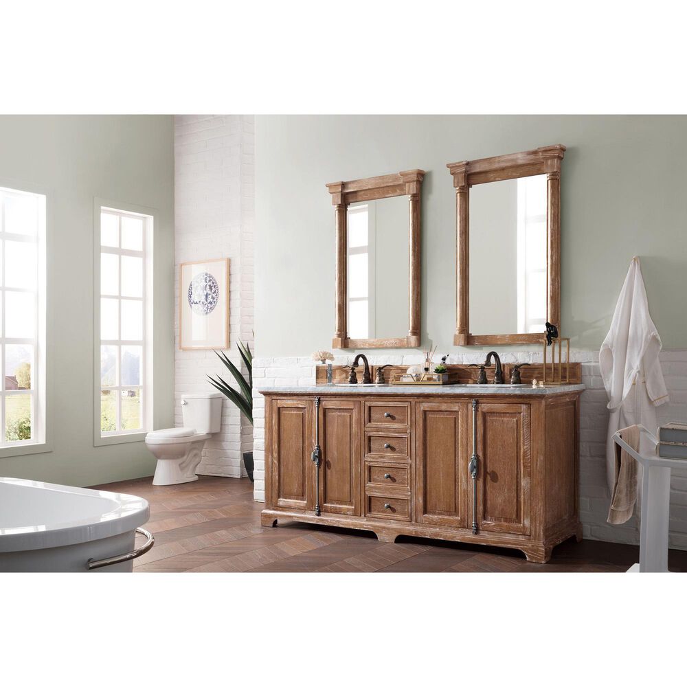 James Martin Vanities Providence 72&quot; Double Bathroom Vanity in Driftwood with 3 cm Carrara White Marble Top and Rectangular Sinks, , large