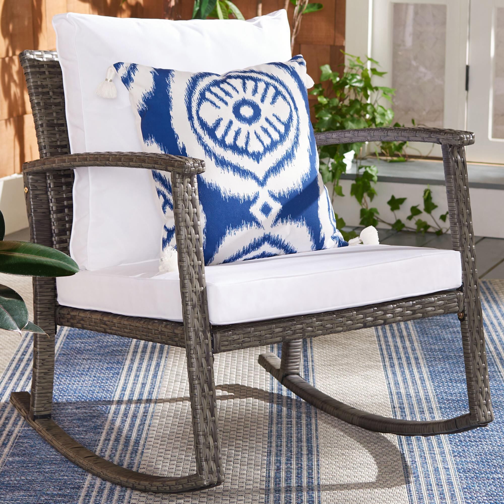 Safavieh Bradbury Patio Rocking Chair with White Cushion in Grey