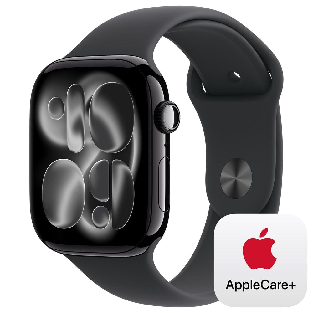 Apple Watch Series 11 (GPS+Cellular) 46mm Aluminum Case with Black Sport Band - M/L in Jet Black and 2-Year AppleCare+, , large