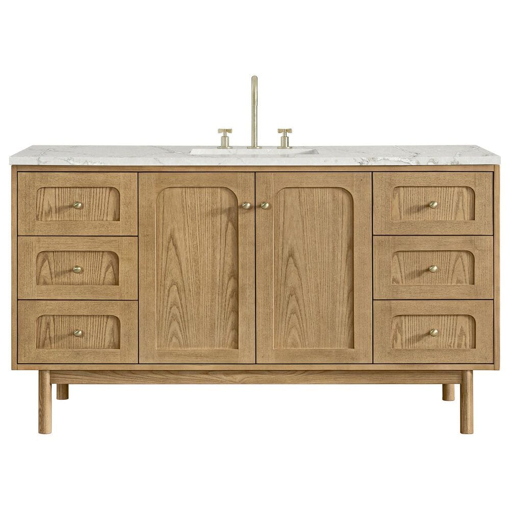 James Martin Vanities Laurent 60" Single Bathroom Vanity in Light Natural Oak with 3 cm Eternal Jasmine Pearl Silestone Top, Rectangle Sink and FreePower Wireless Charger, , large