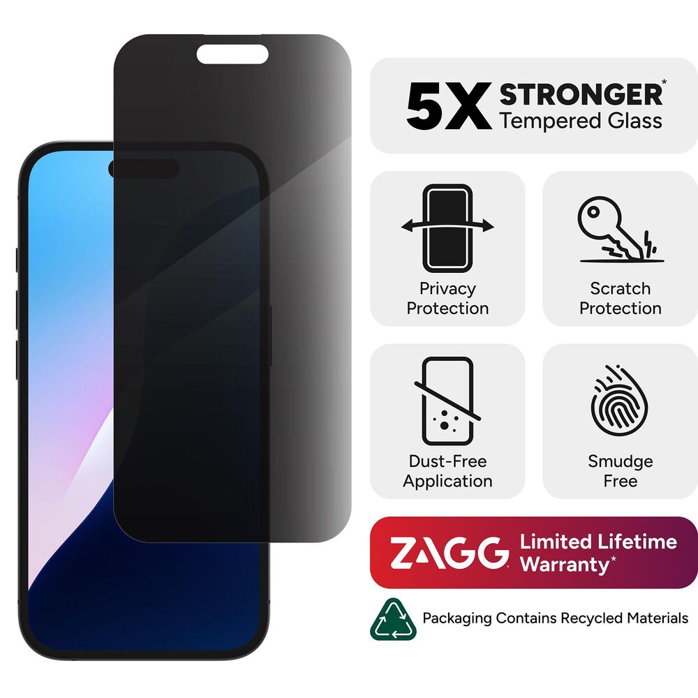 Zagg Invisible Shield Glass Elite Privacy Screen Protector for Apple iPhone 16/15 in Clear, , large