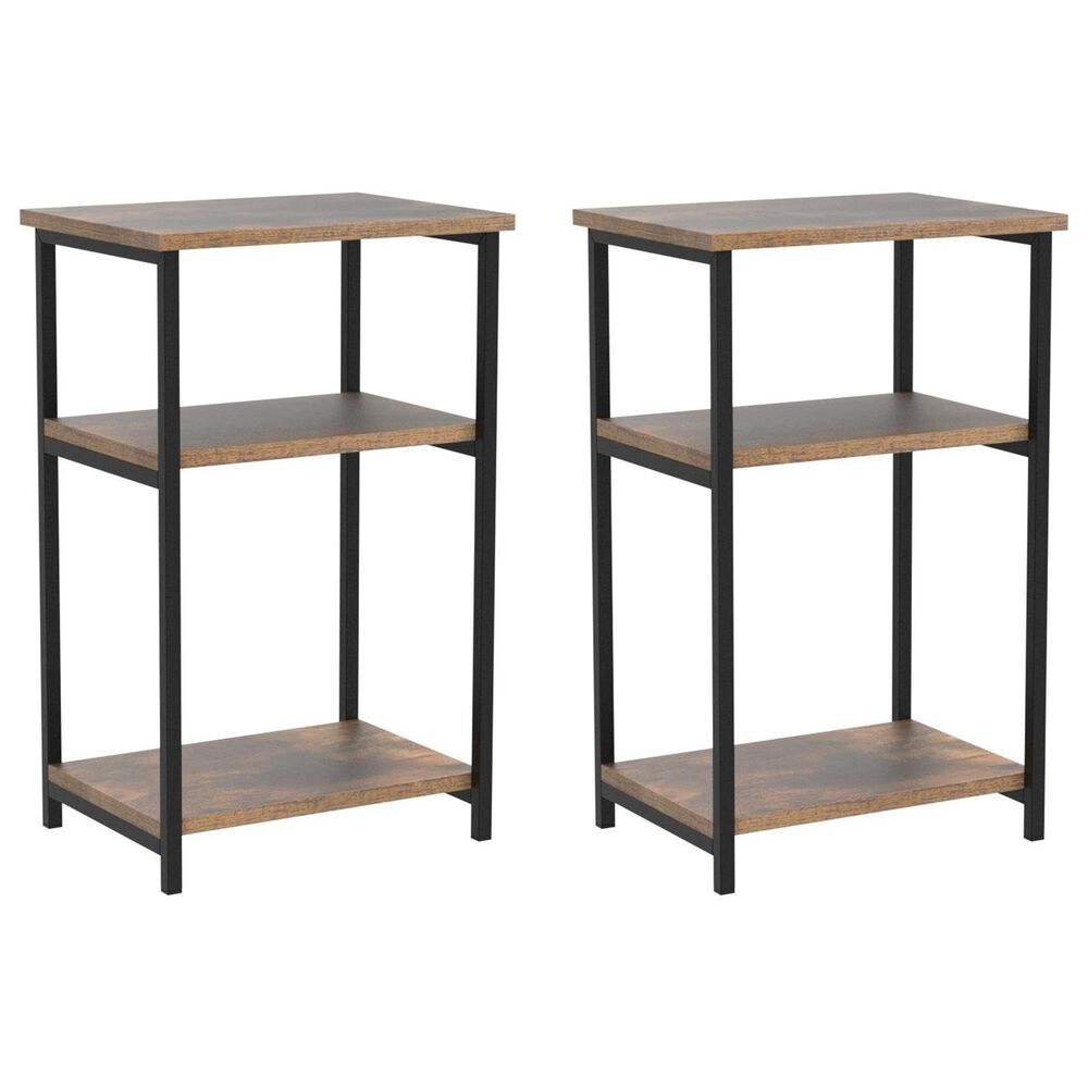 HOMLUX 3-Tier Metal Frame End Table with Storage Shelves in Amber Pine and Black (Set of 2), , large