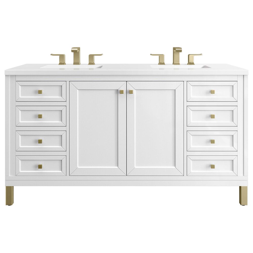 James Martin Vanities Chicago 60" Double Bathroom Vanity in Glossy White with 3 cm White Zeus Quartz Top and Rectangular Sinks, , large