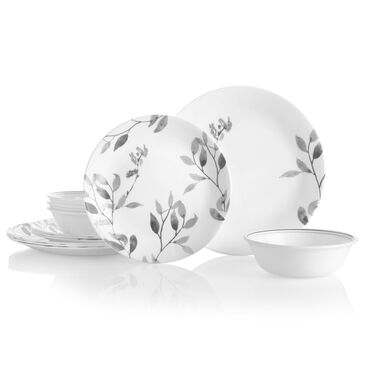 Corelle Misty Leaves 12-Piece Dinnerware Set in White and Gray, , large
