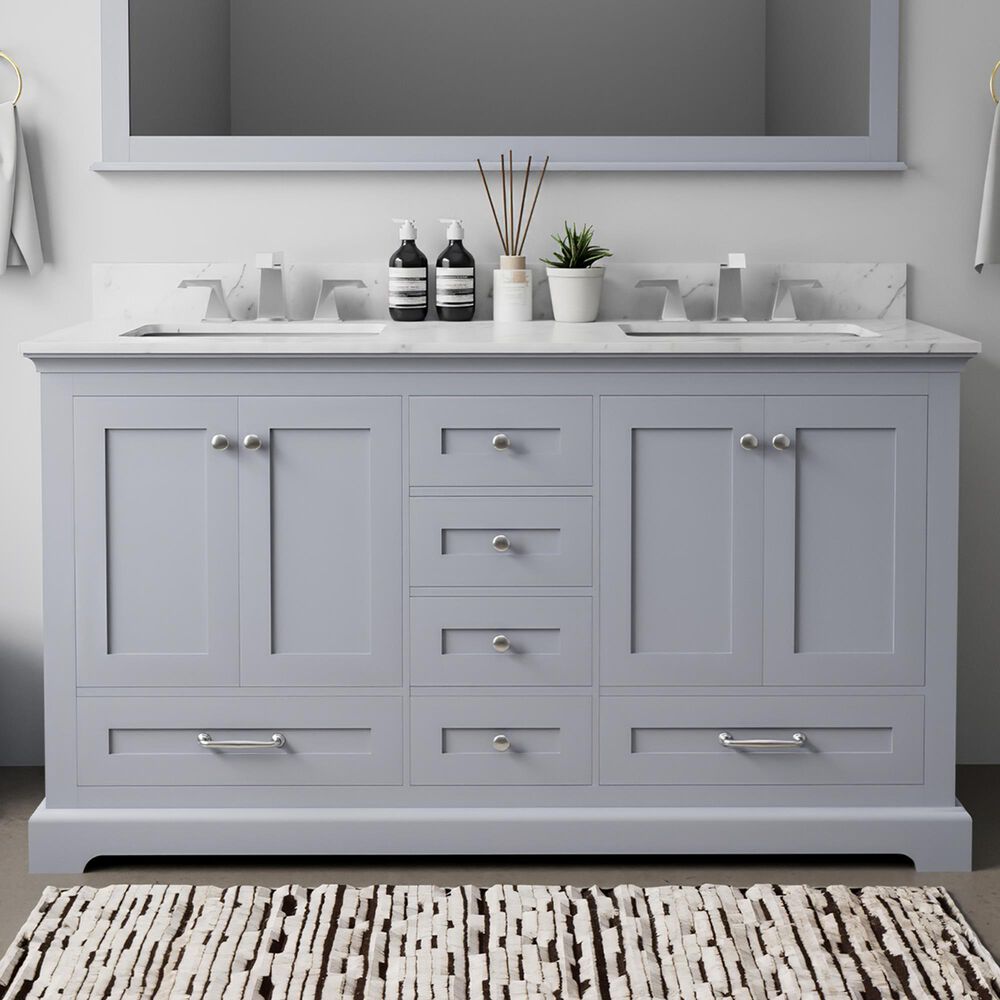 Lexora Home Dukes 60" Double Bathroom Vanity in Dark Grey with White Carrara Marble Top and Rectangular Sinks, , large