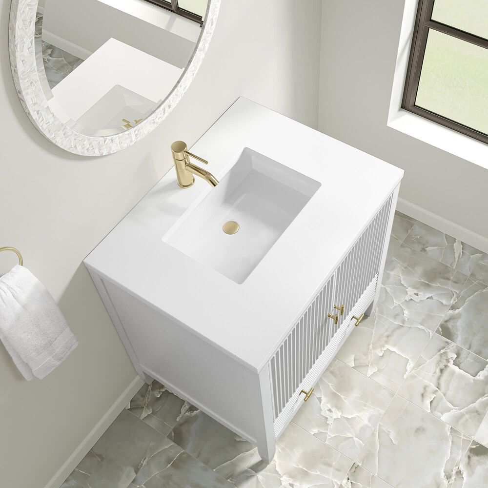 James Martin Myrrin 30" Single Bathroom Vanity in Bright White with Single Hole 3 cm White Zeus Silestone Top and Rectangular Sink, , large