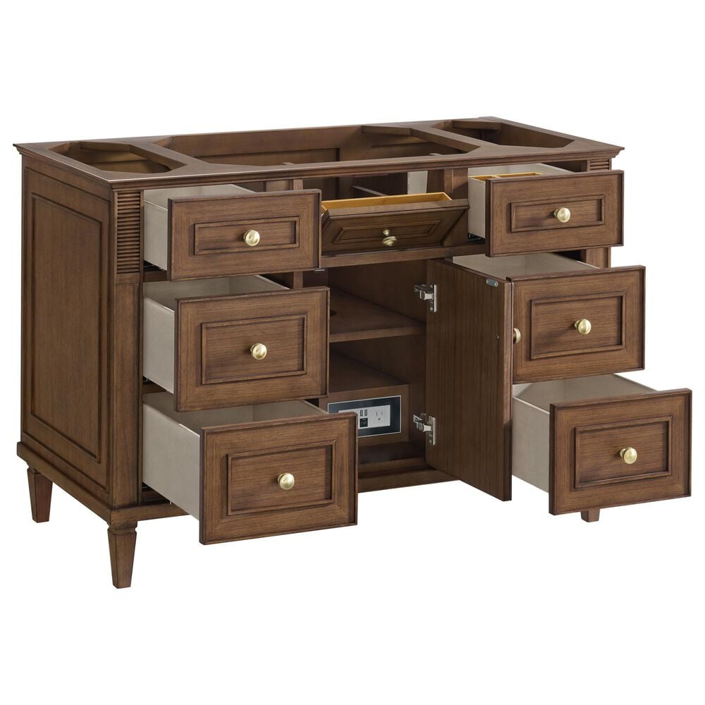 James Martin Vanities Lorelai 48&quot; Single Vanity in Mid-Century Walnut with Single Hole and 3 CM White Zeus Quartz Top &amp; Backsplash, , large