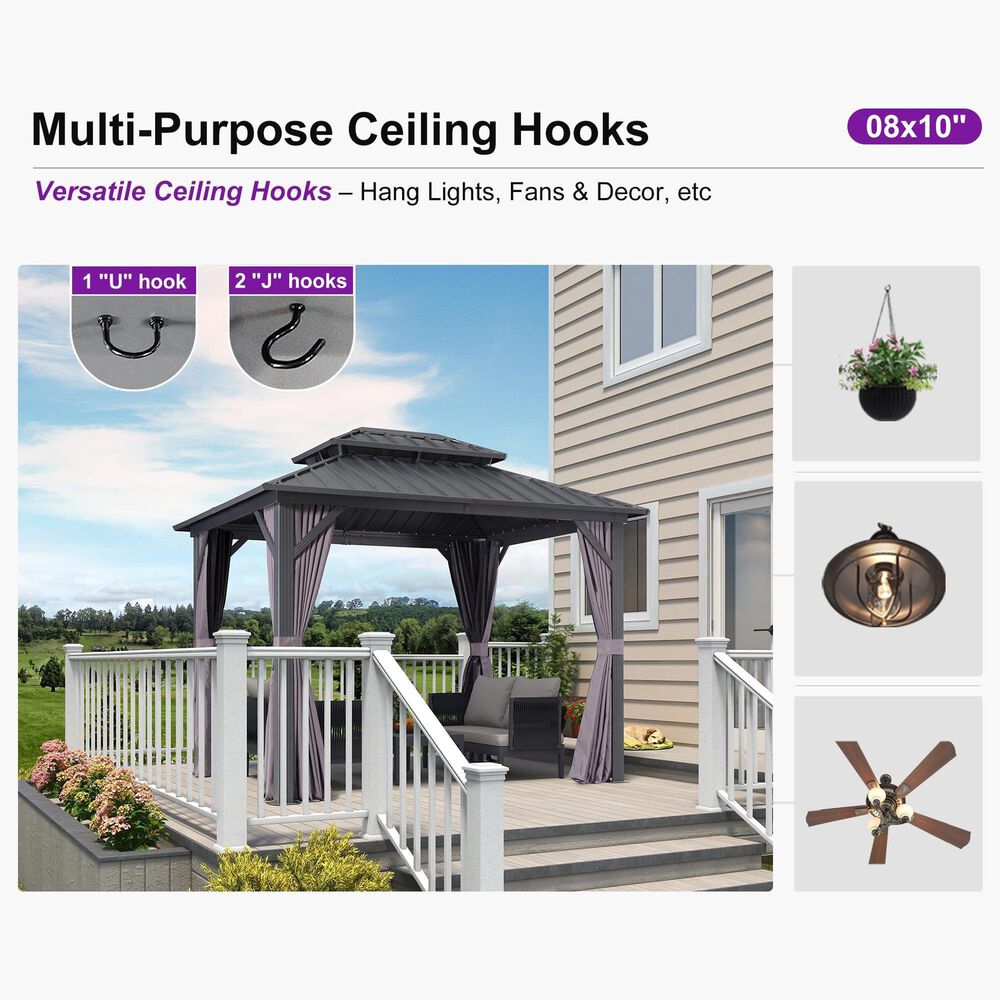 HOMLUX 8' x 10' Outdoor Hardtop Gazebo with Galvanized Steel Roof, Netting, and Curtains Gray, , large